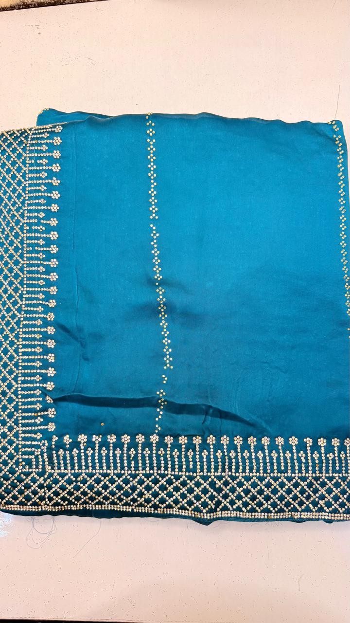 Luxurious SATIN Saree with Exquisite Cutglass and Pearl Handwork SATIN Saree with Fully Stitched Blouse