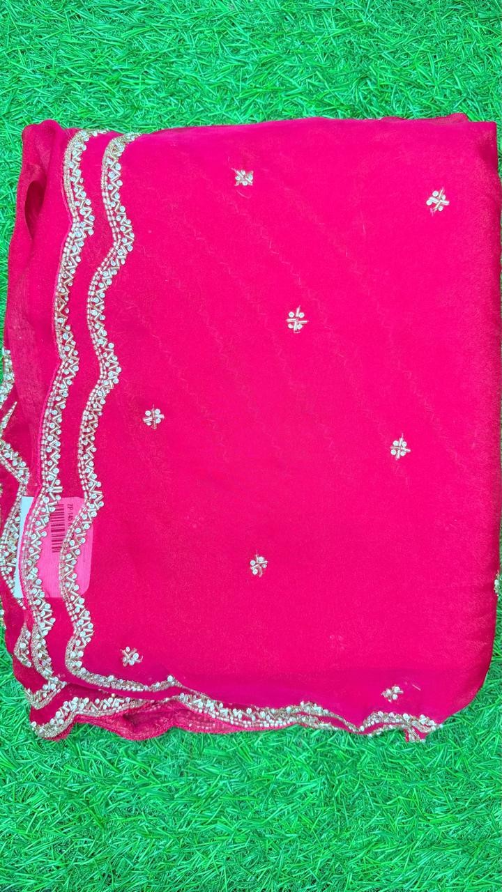 Luxurious NC MOSS Saree with Exquisite Cutglass and Pearl Handwork NC MOSS Saree with Fully Stitched Blouse