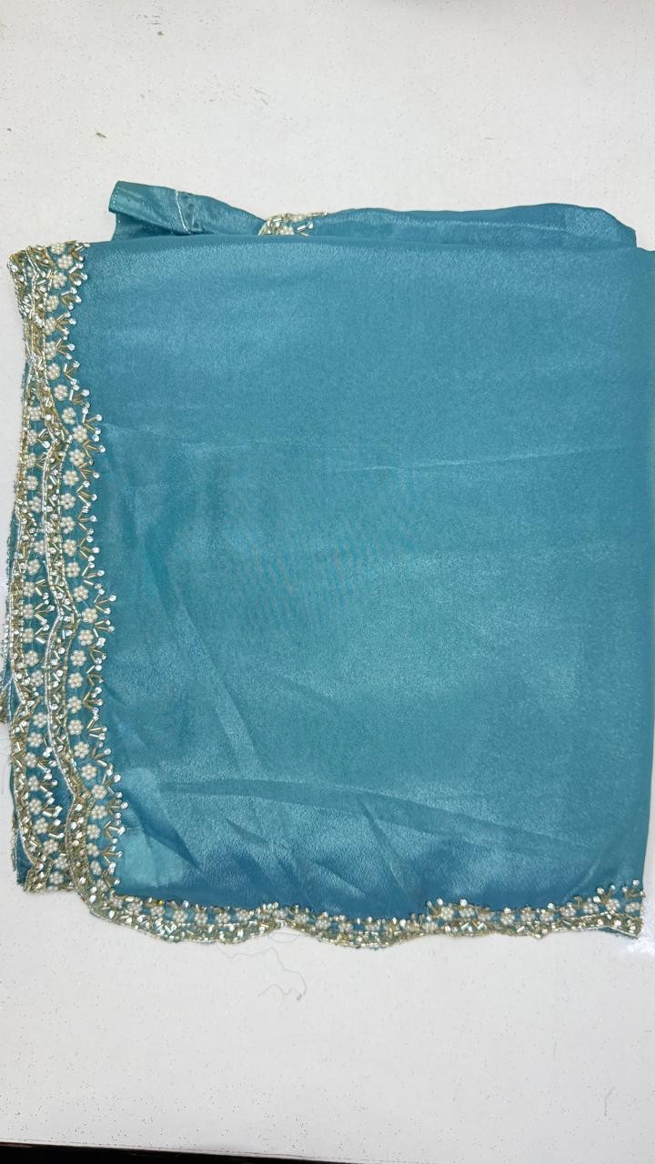 Luxurious CHOCOLATE Saree with Exquisite Cutglass and Pearl Handwork CHOCOLATE Saree with Fully Stitched Blouse