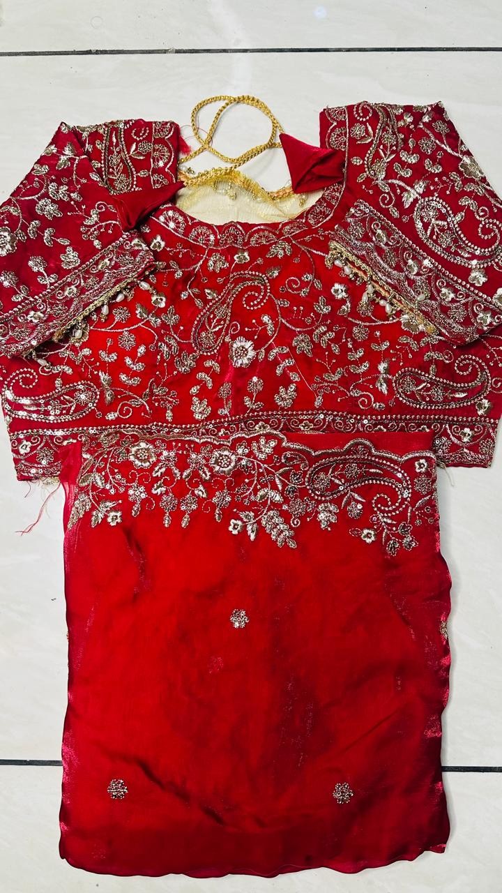 Luxurious RED Tora Silk Saree with Exquisite Cutglass and Pearl Handwork RED Tora Silk Saree with Fully Stitched Blouse