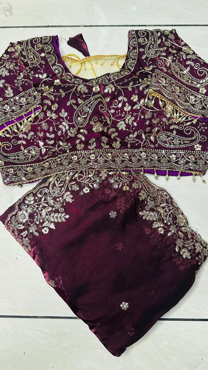 Luxurious PURPLE Tora Silk Saree with Exquisite Cutglass and Pearl Handwork  PURPLE Tora Silk Saree with Fully Stitched Blouse