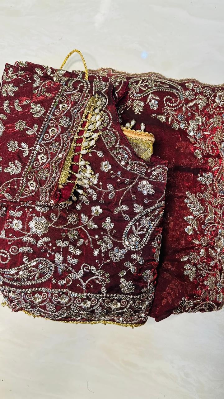 Luxurious  MAROON Tora Silk Saree with Exquisite Cutglass and Pearl Handwork MAROON Tora Silk Saree with Fully Stitched Blouse
