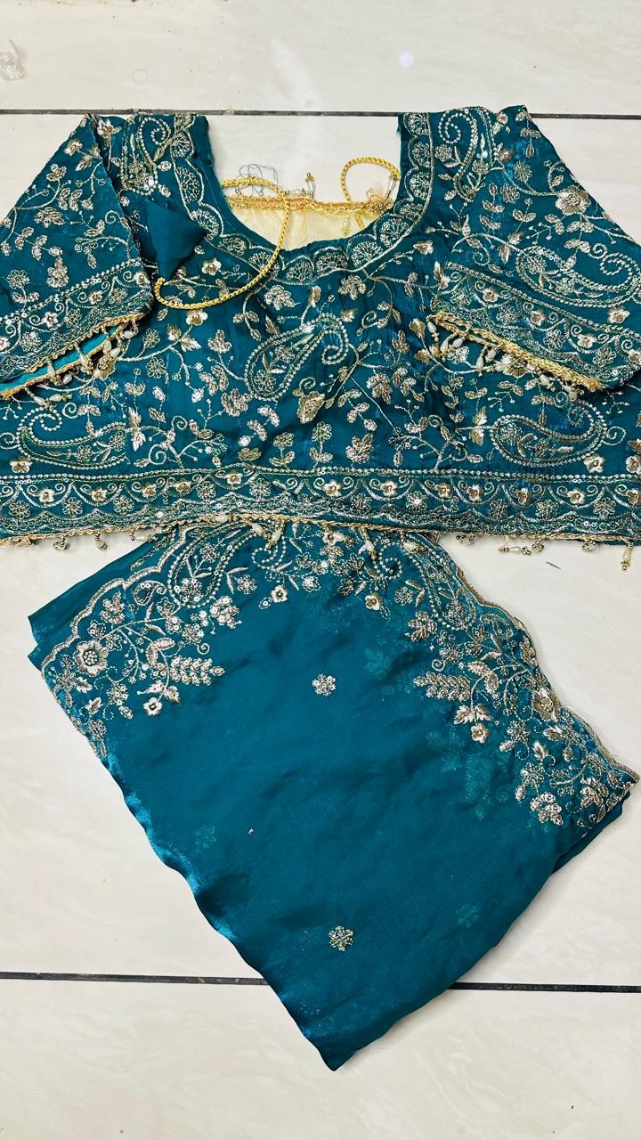 Luxurious Tora Silk Saree with Exquisite Cutglass and Pearl Handwork Tora Silk Saree with Fully Stitched Blouse