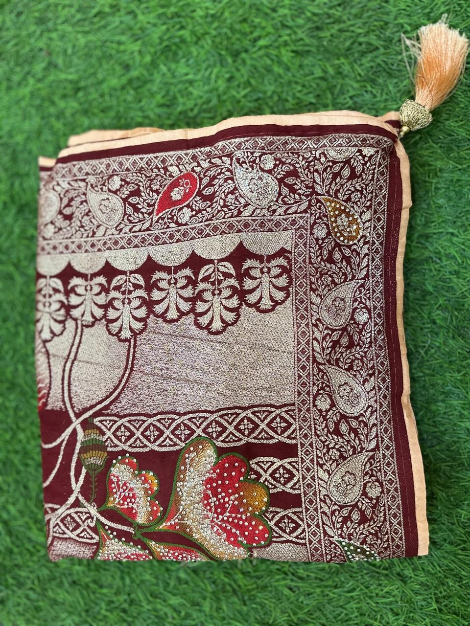 Luxurious PURE COTTON MAROON SAREE with Exquisite Cutglass and Pearl Handwork PURE MAROON SAREE COTTON