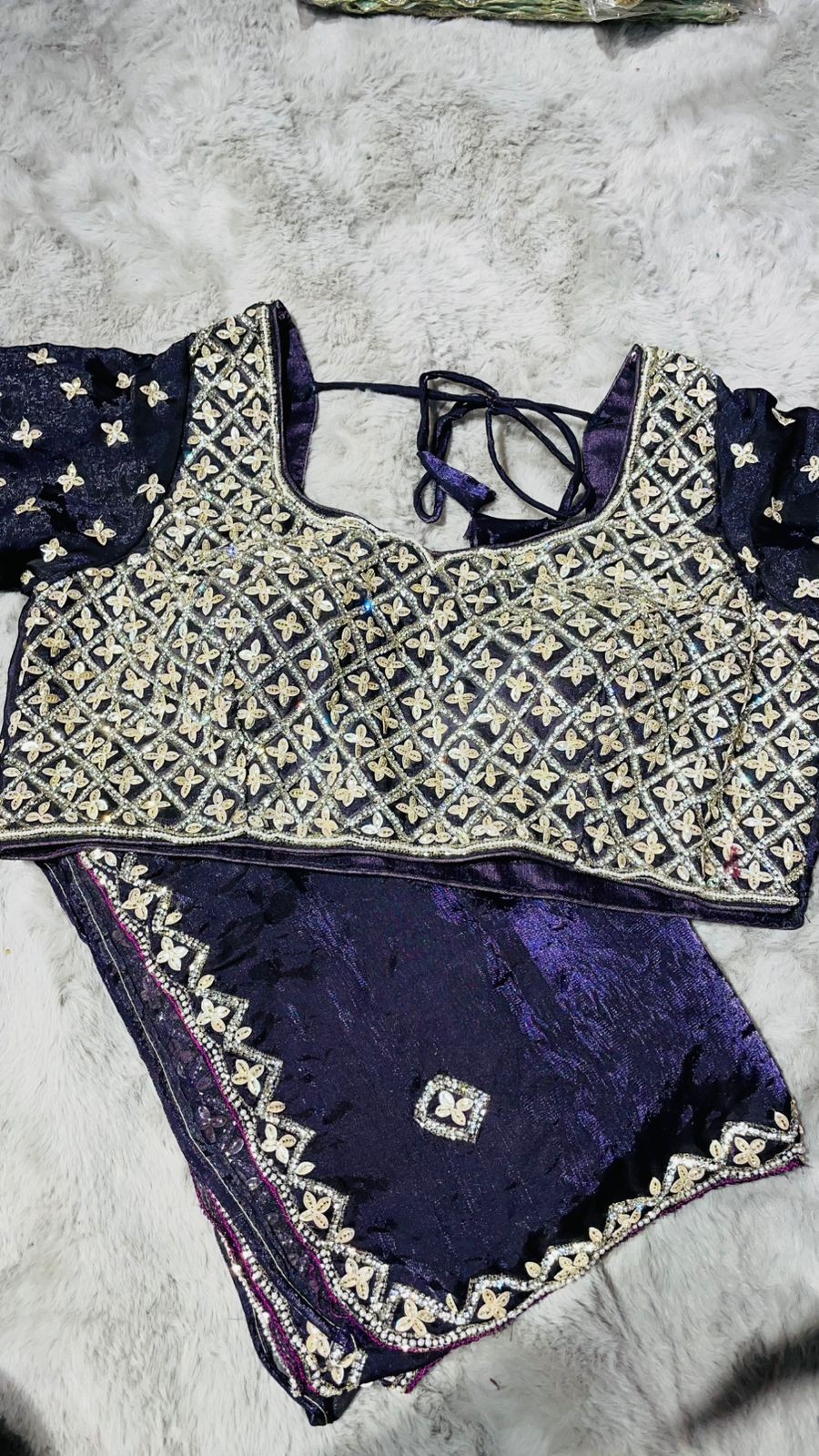 Luxurious blue Tora Silk Saree with Exquisite Cutglass and Pearl Handwork blue Tora Silk Saree with Fully Stitched Blouse