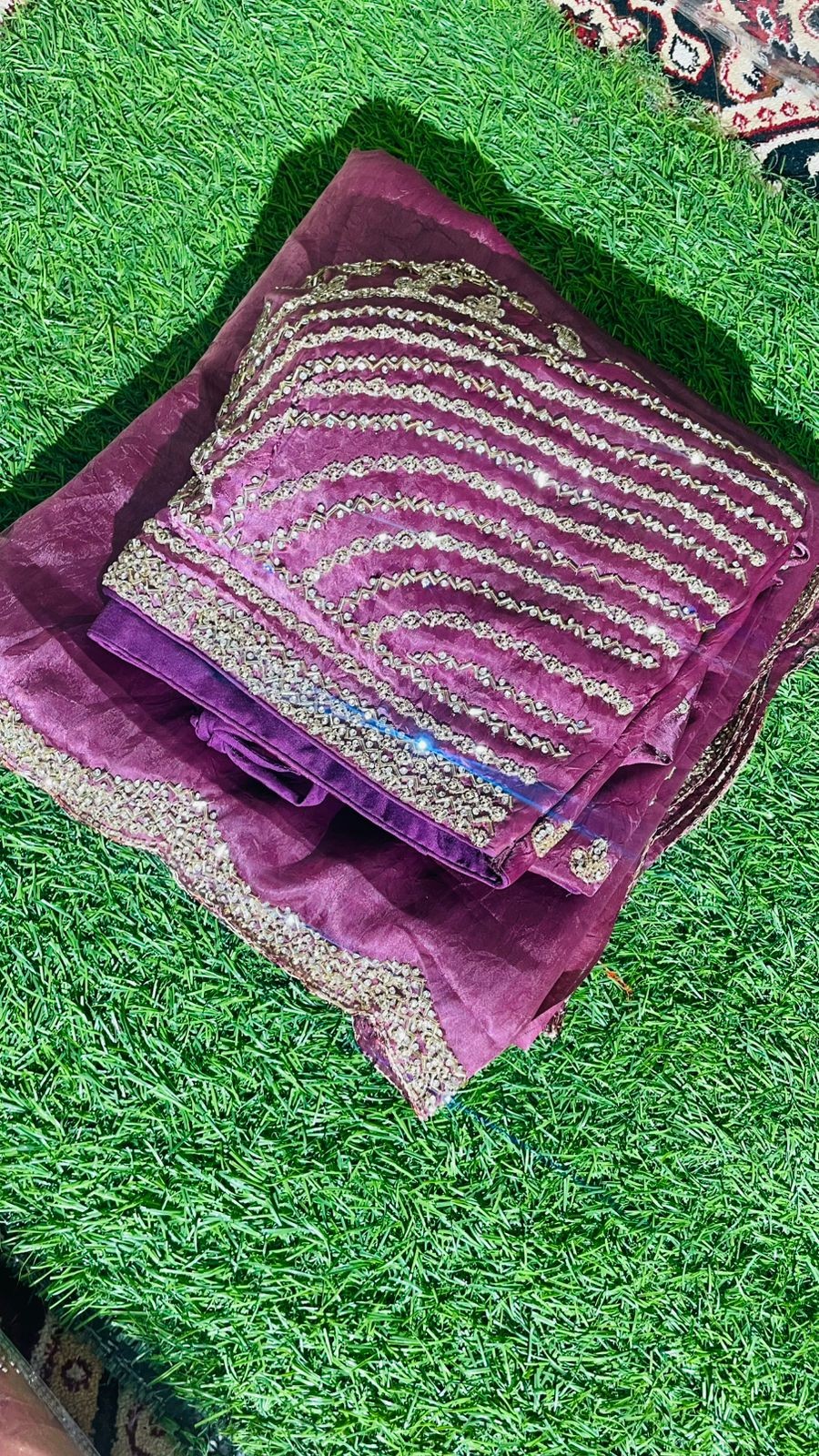 Luxurious pink Tora Silk Saree with Exquisite Cutglass and Pearl Handwork pink Tora Silk Saree with Fully Stitched Blouse