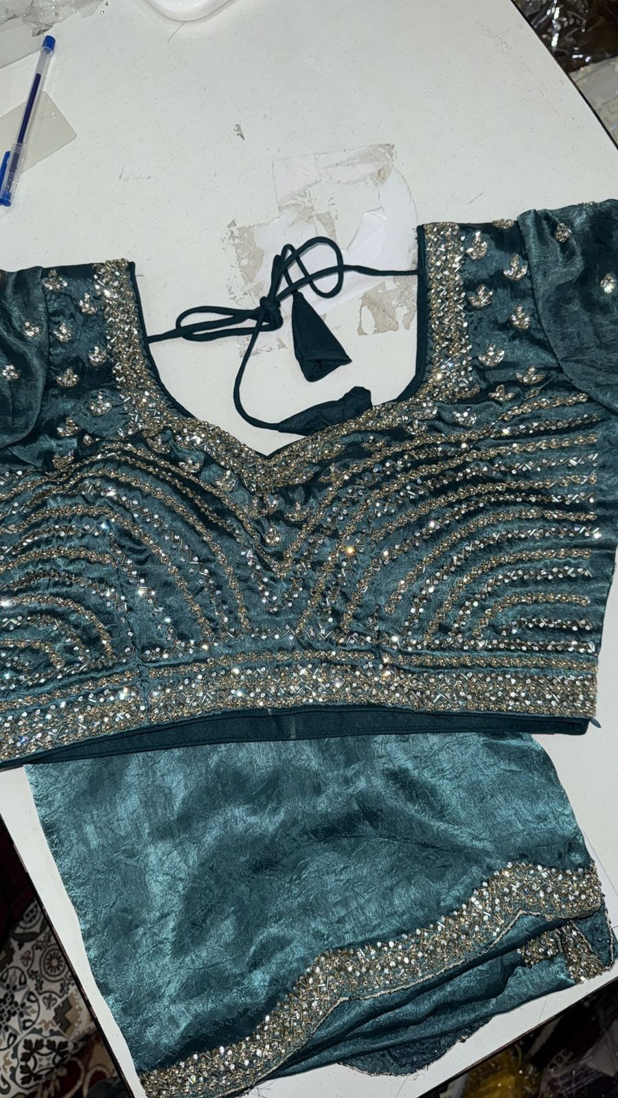 Luxurious bottle green Tora Silk Saree with Exquisite Cutglass and Pearl Handwork bottle green Tora Silk Saree with Fully Stitched Blouse