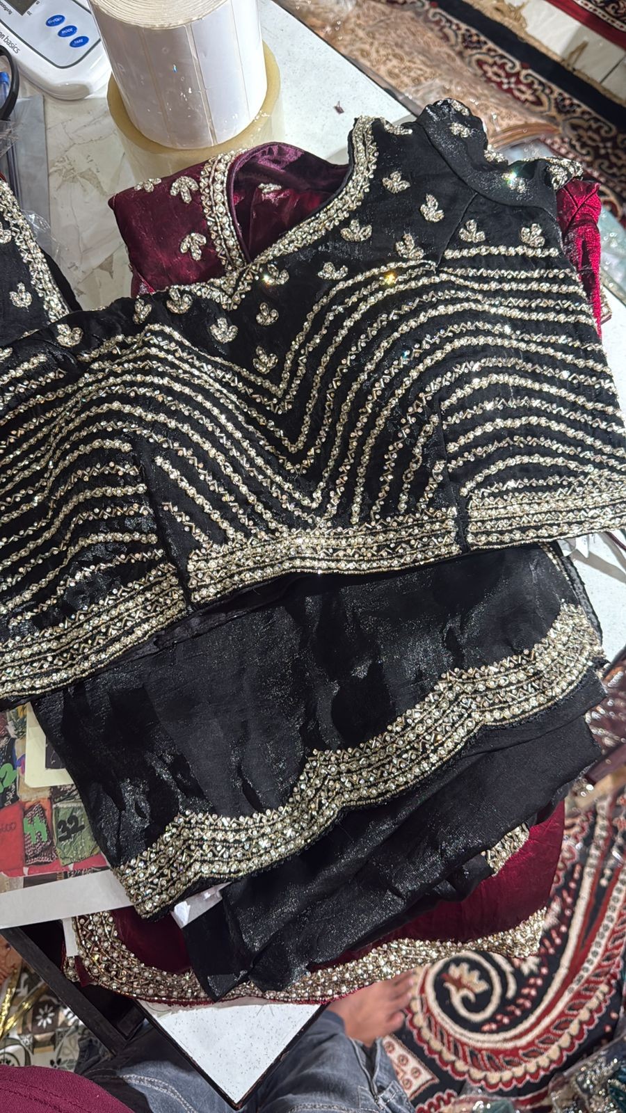Luxurious black Tora Silk Saree with Exquisite Cutglass and Pearl Handwork black Tora Silk Saree with Fully Stitched Blouse